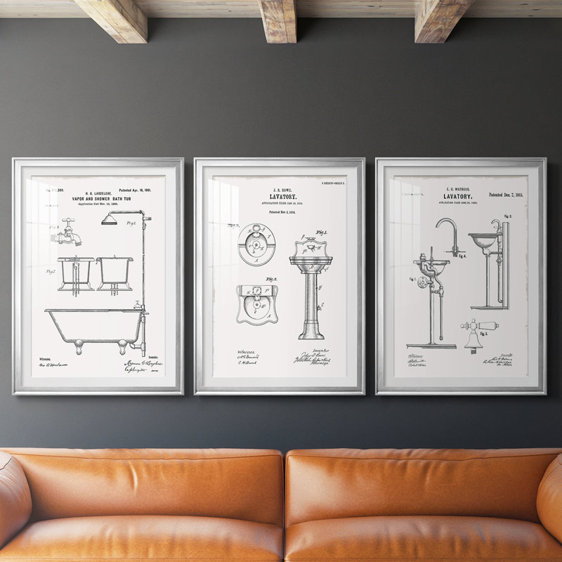 «Vintage Bath II», impression encadrée sur mesure de qualité supérieure mate - 3 pièces, Argent argent, H 21 po x l 30 po