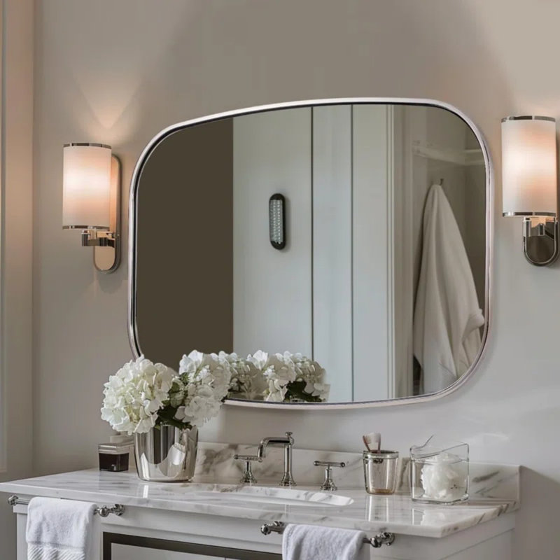 Miroir de salle de bain contemporain | Cadre épais en acier inoxydable, 36 po x 28 po, Chrome poli