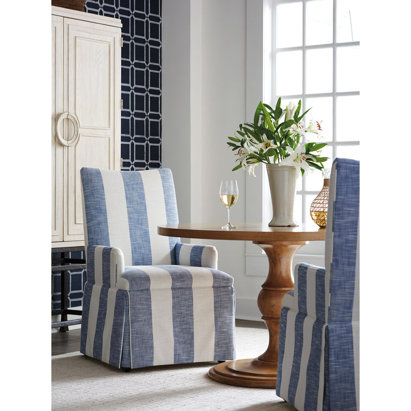 Blue and Beige Striped Upholstered Arm Chair with Wood Frame