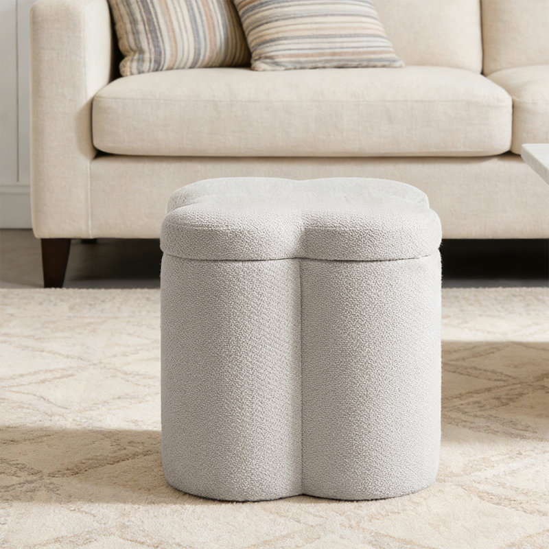 17" Upholstered Flower Ottoman with Storage, Beige