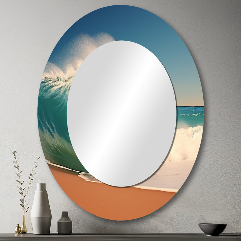 Turquoise Power of Ocean Wave II - Miroir mural ovale bleu sarcelle, 43 po x 33 po