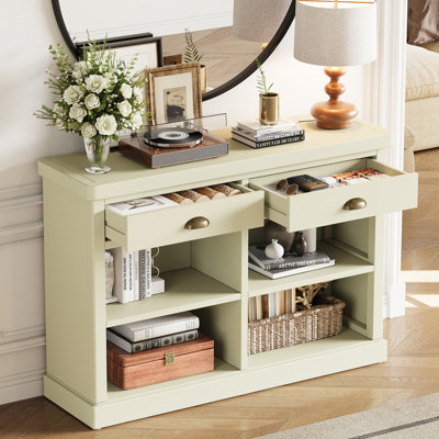 Console avec 2 tiroirs et tablettes de rangement ouvertes, table d'entrée