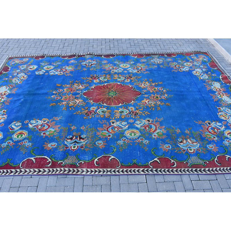 Très grand tapis turc Oushak bleu pour une décoration intérieure avec des motifs complexes