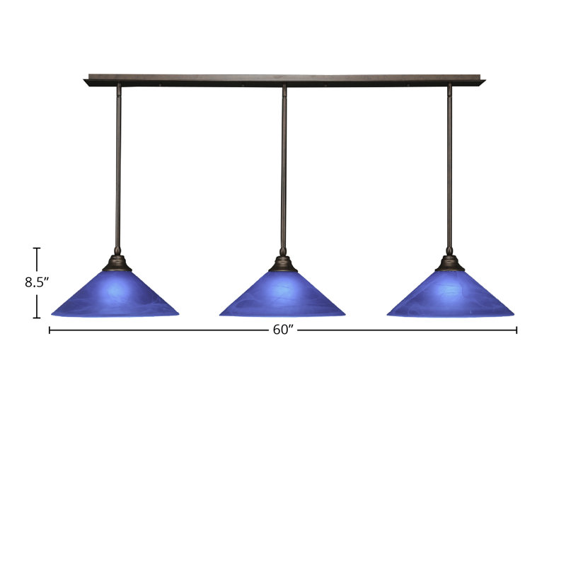 3 Light Stem Hung Linear Pendalier Shown With 16" Blue Italian Glass, Bronze