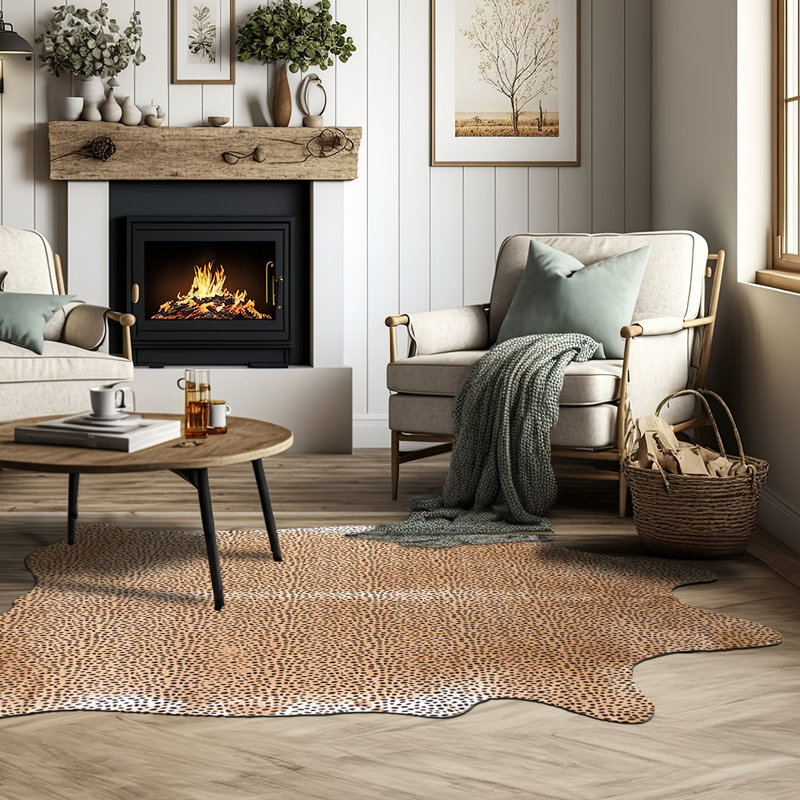Tapis en cuir de vache imprimé sur mesure beige guépard sur mesure, Nouveauté 5 pi 8 po x 6 pi 7 po