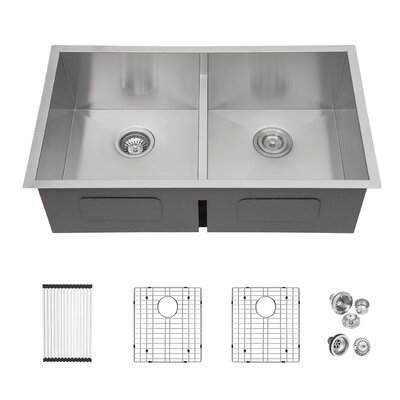 28 Inch Kitchen Sink Undermount Ledge Workstation Low Divide Double Bowl 50/50 16 Gauge Stainless Steel Farm Kitchen Sink -  JUNTOSO, DDH-X55-UL28A