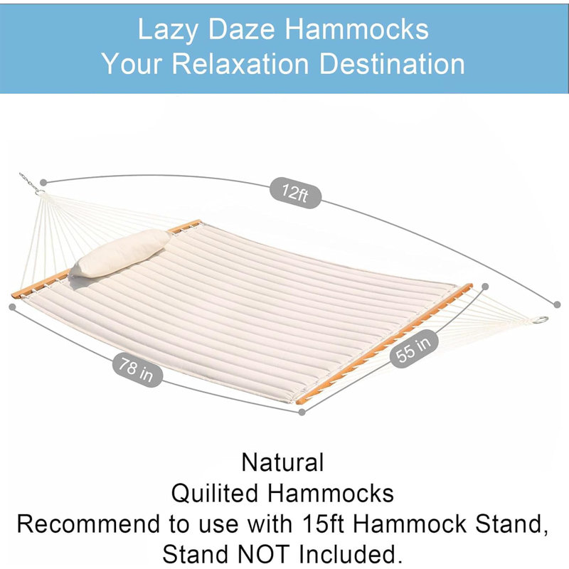 Hamac de 12 pi en tissu matelassé avec barre d'écartement, hamac double pour 2 personnes avec chaînes et oreiller, hamac extérieur, capacité de 450 lb, naturel