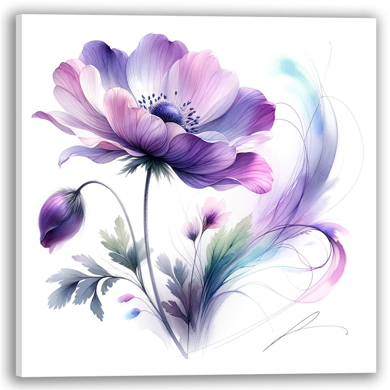 Art sur toile fantaisiste, anémone mauve, H 20 po x l 20 po x P 1,5 po