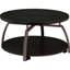 Table basse ronde avec finition gris anthracite foncé, cadres et options de présentation pour les salles familiales avec placage, choix de rangement ouvert en métal