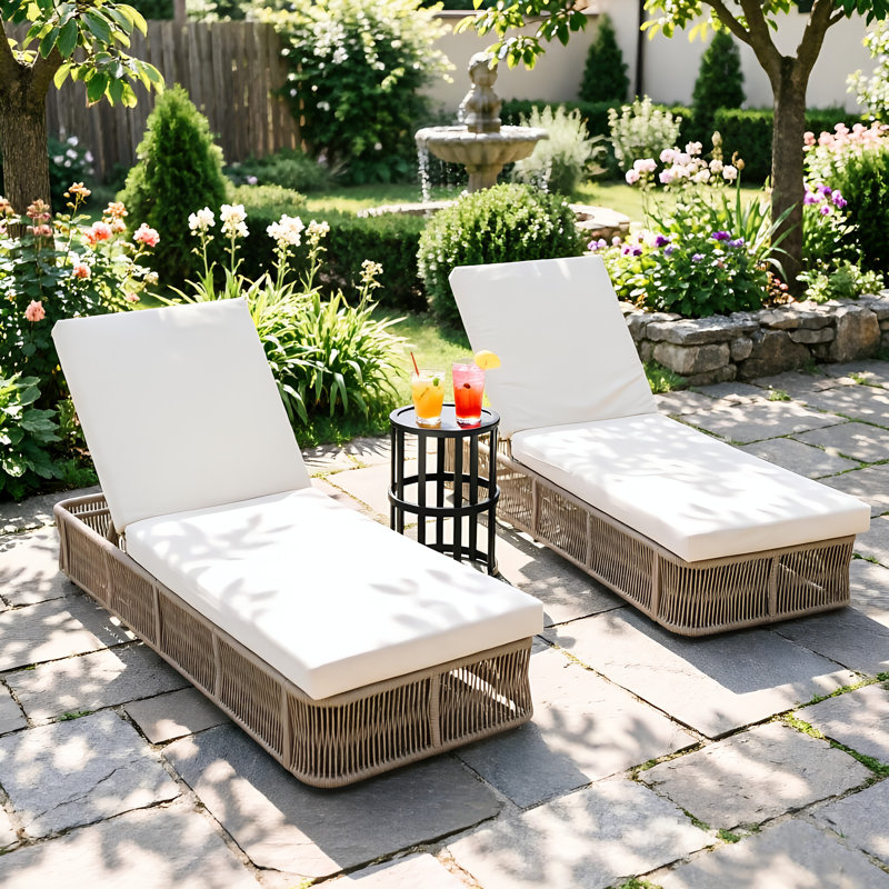 Grasso Patio 3-Piece Weave Rope Chaise Lounge & Side Table Set With Adjustable Backrest & Cushions, 2
