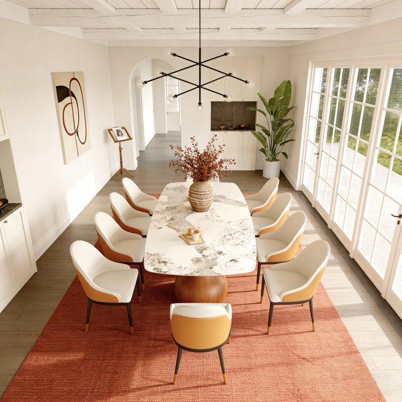 Grande table de salle à manger, H 29,53 po x l 93,7 po x P 43,31 po, Dessus ambré / base brune / chaises orange