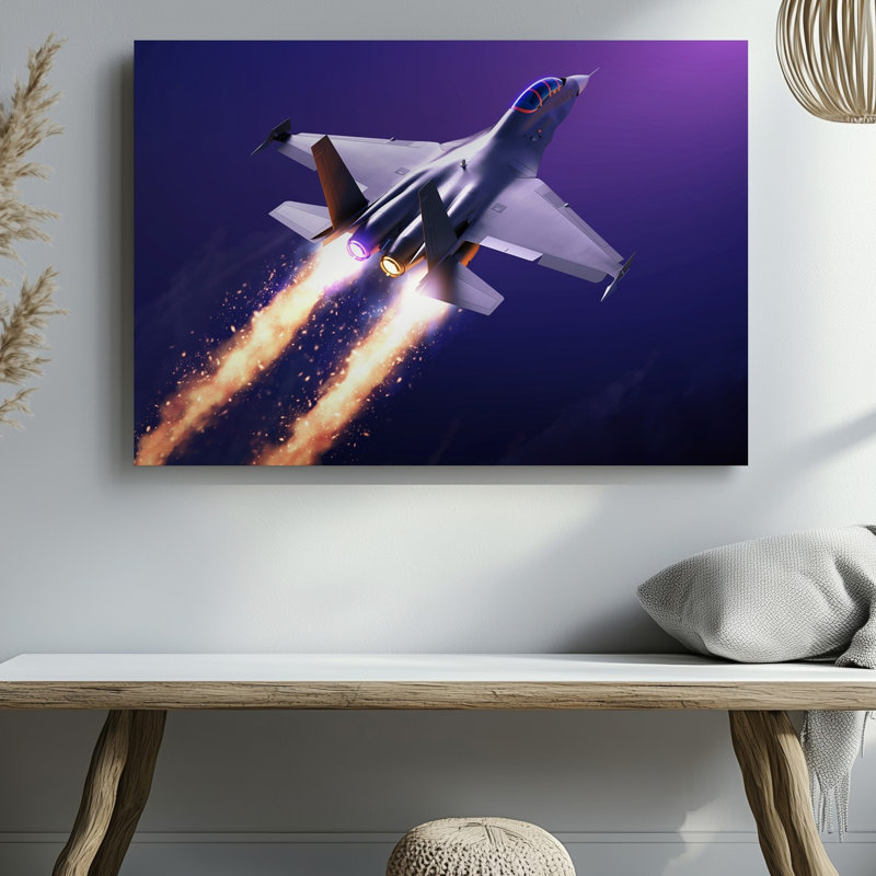 Reproduction d'art sur toile, un jet futuriste épuré monte dramatiquement contre un art mauve foncé, H 20 po x l 30 po