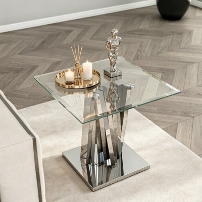 Table de bout 24 po en verre avec base en métal poli, ensemble de 2