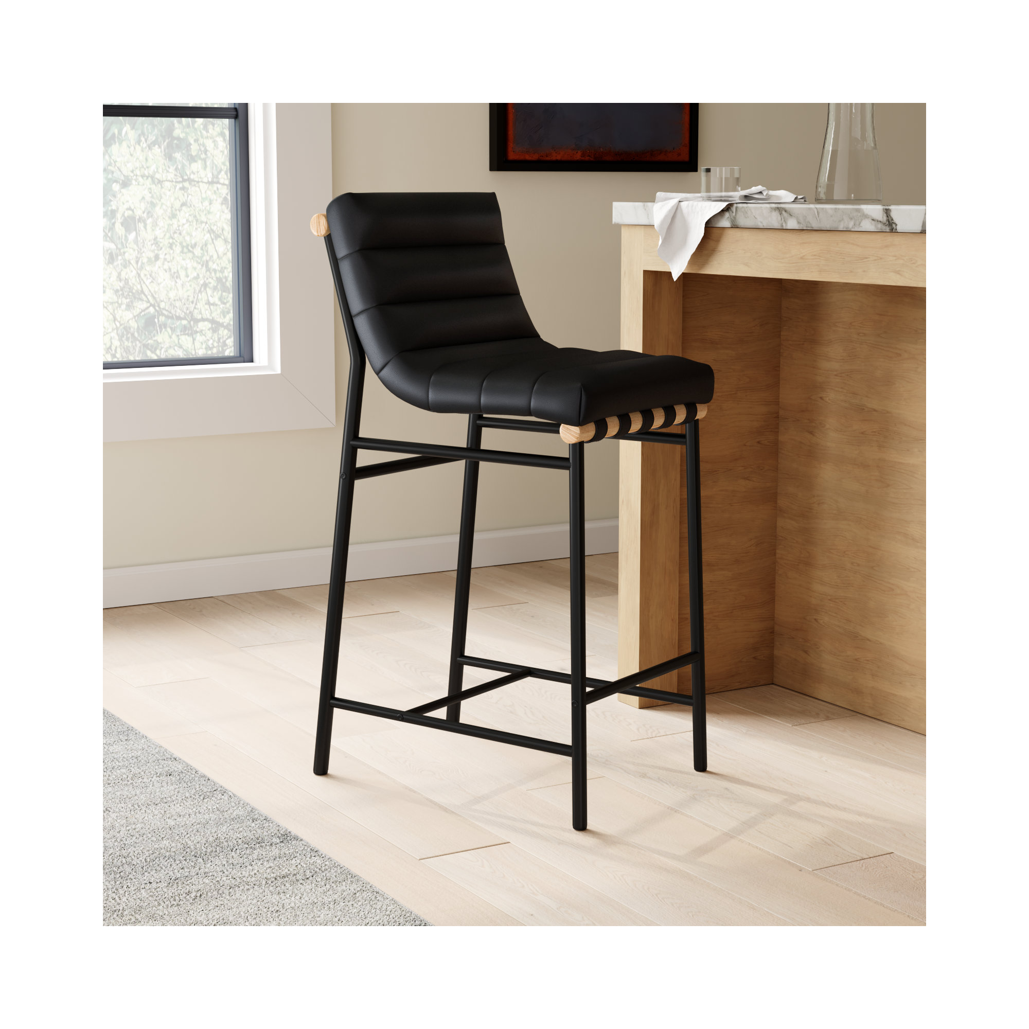 Vincentas Counter Stool, Black Faux Leather, Counter Stool (26.4" Seat Height)