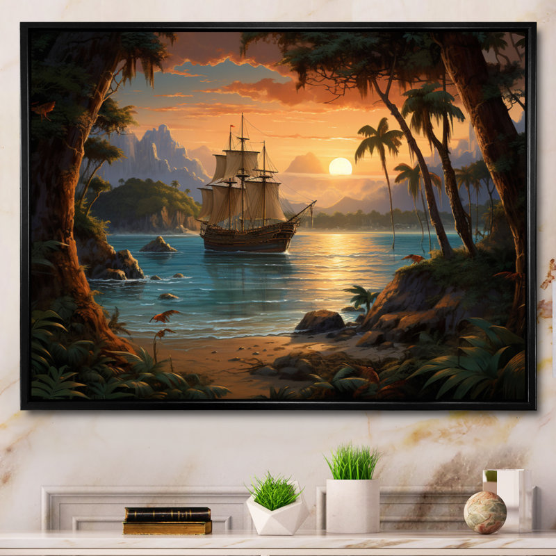 Pirate Boat Lost Isles - Pirate, reproduction d'art sur toile encadrée, H 16 po x l 32 po x P 1 po, Cadre flottant noir