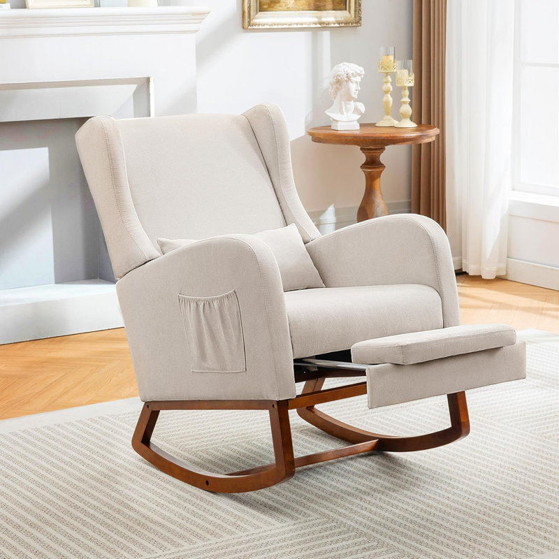 Chaise berçante moderne avec repose-pieds et fauteuil rembourré avec base en bois massif, Beige