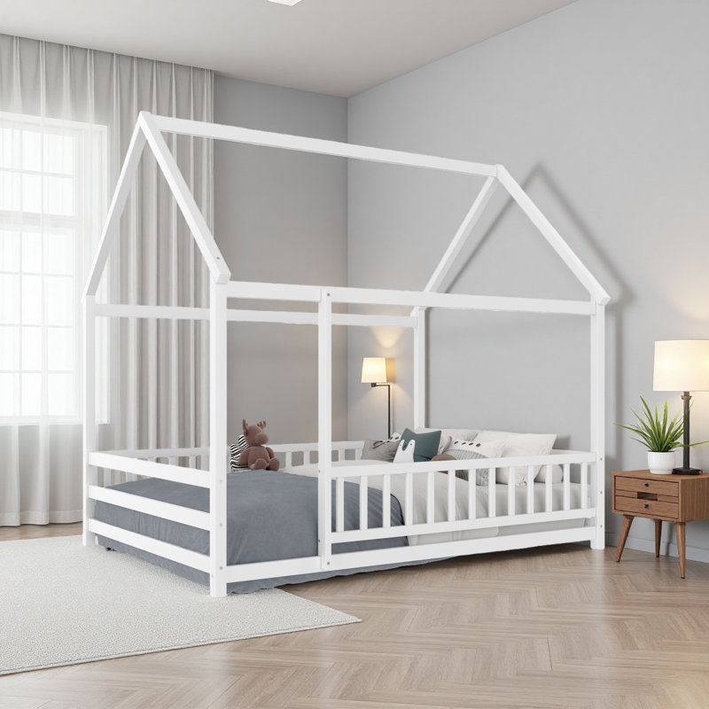Floor Wooden Bed With House Roof Frame, Fence Guardrails, Full, White