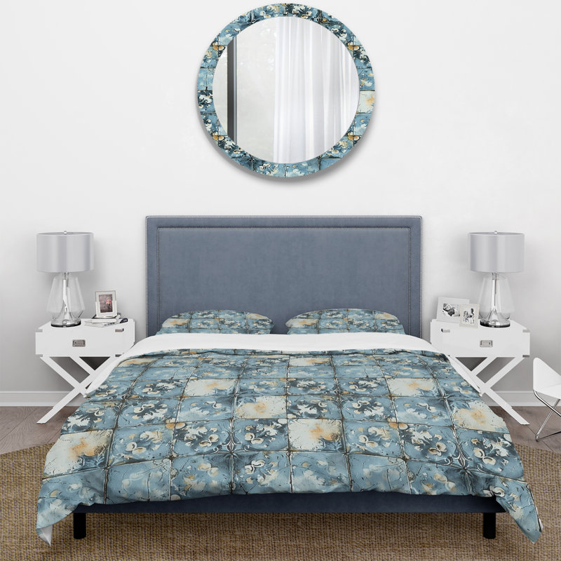 Blue Rustic Floral Tiles - Ensemble de housse de couette Farmhouse, Housse de couette simple + 2 taies décoratives st