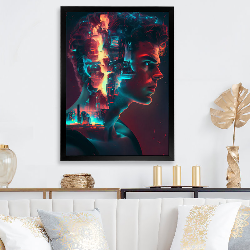 «Double Exposure Man Portrait Sci-Fi I», impression sur toile, Cadre photo noir, H 32 po x l 16 po x P 1 po