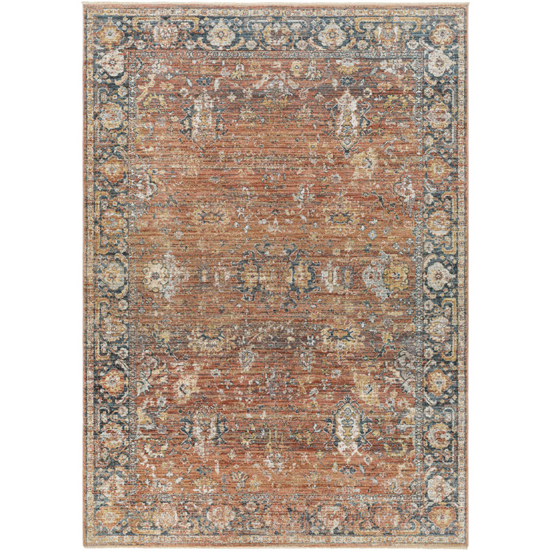 Everly Oriental Machine Made Power Loomed Polyester Area Rug in Rust/Navy, Runner 2'11" x 10'