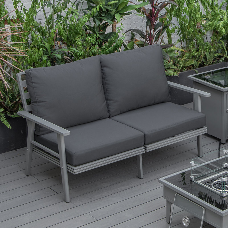 Kliyah 56.69'' Wide L-Shaped Powder Coated Aluminum Loveseat with Cushions, Charcoal, Gray