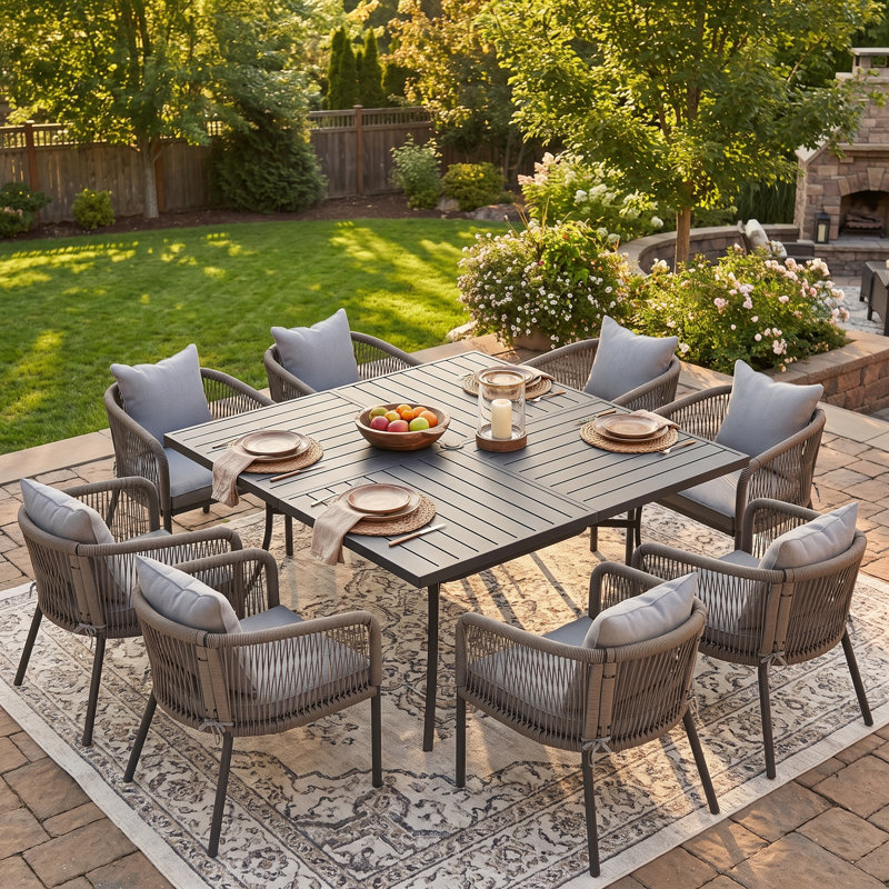  Ensemble de salle à manger de patio pour 8 personnes avec table de salle à manger 59 "et chaises en rotin avec coussins et coussins