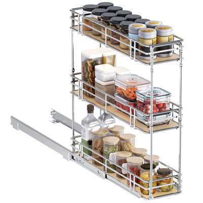 7"W x 20.5"D 3-Tier Pull Out Spice Rack Organizer with Solid Wood Base, Heavy Duty Chrome Slide Out Cabinet Storage