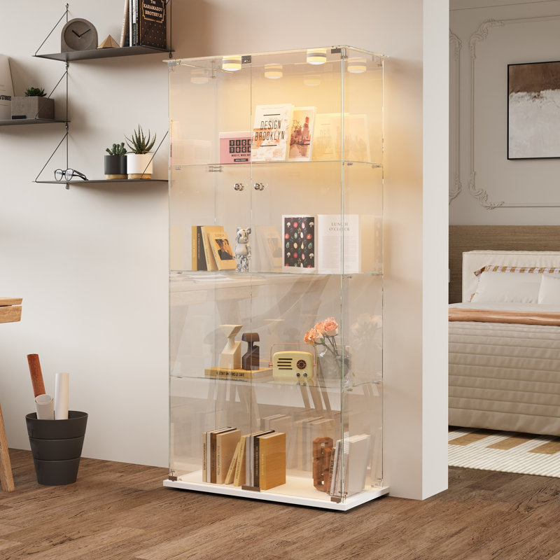 64.1" Glass Display Cabinet With 3 Shelves, Floor Standing Curio Display Cabinets With LED And 2 Doors, Modern Display Case For Living Room Bedroom