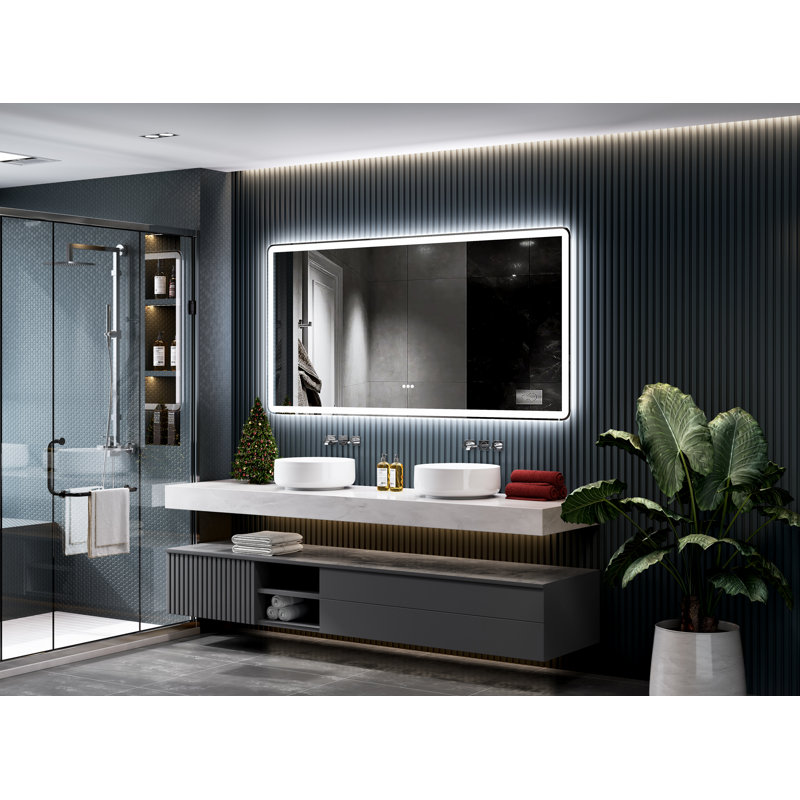 Frameless Round LED Bathroom Mirror, Front and Back Light, Anti-fog, Tempered Glass, 3 Colors, Dimmer, Plug-in / Hardwired, Horizontal / Vertical