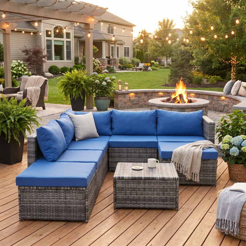 Ensemble de canapé de patio bleu et gris avec coussins - salon d'extérieur en rotin et fer PE toutes saisons