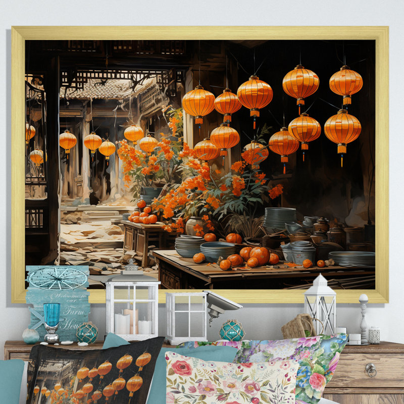 «Vietnam Hoi An Lanterns I», reproduction sur toile, Cadre photo doré simple, H 12 po x l 20 po x P 1 po