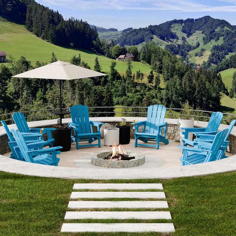 Eight in a Set Adirondack Chair with Cup Holder All-Weather Reclining Chair for Patio Deck Backyard and Poolside, Blue