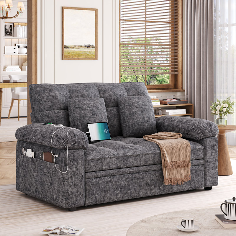 59.6" Sleeper Sofa With Adjustable Back, Charging Station & Pillows, Dark Gray