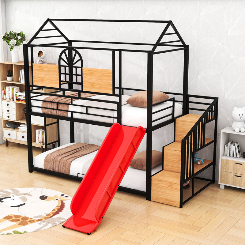 Twin Over Twin Playhouse Bunk Bed With Slide And Storage Shelves, Black Red