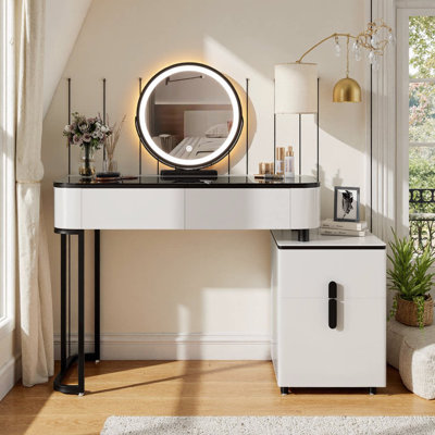 Coiffeuse moderne avec plateau en verre trempé, pieds réglables et armoire de rangement