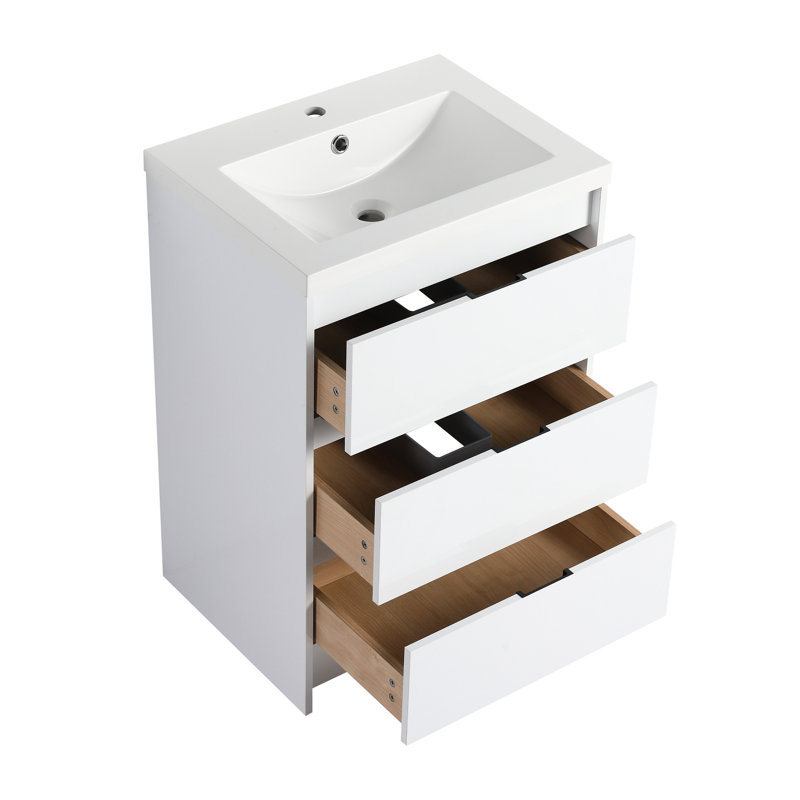 Meuble-lavabo autoportant de 36 po avec lavabo en résine, 1 armoire de rangement et petite armoire murale, tiroirs à fermeture en douceur, contreplaqué blanc brillant pour plus de confort - porte, confort