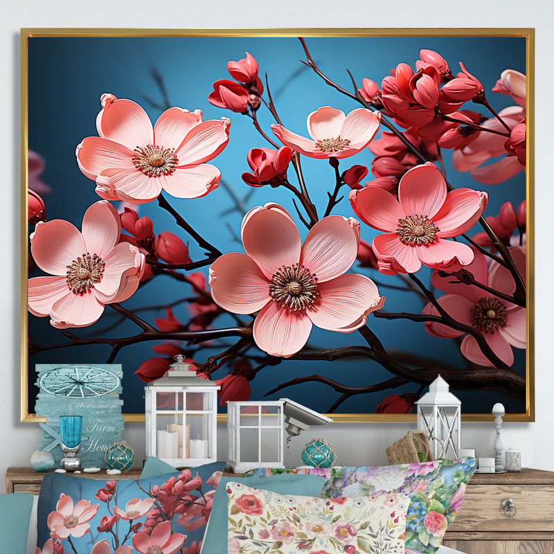 «White and Pink Dogwood Blossoms II», reproduction sur toile, Cadre flottant doré, H 12 po x l 20 po x P 1 po