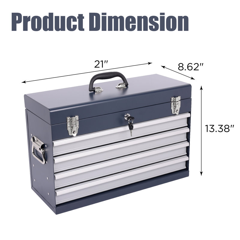 Coffre à outils robuste en métal de 53 cm (21 pouces) avec 4 tiroirs, système de glissières à roulement à billes et revêtement en poudre pour une protection antirouille durable. Glissières fluides et rembourrage anti-impact.