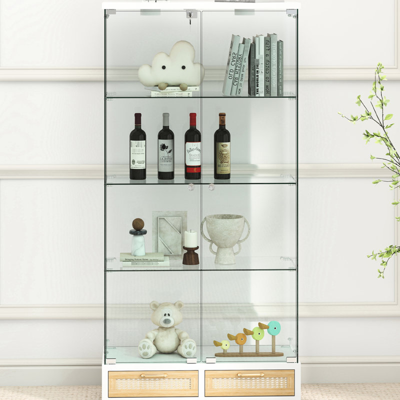 Vitrine multifonctionnelle en verre à 2 portes avec 13 lumières DEL de couleur, 4 tablettes et grands tiroirs pour la chambre à coucher, la salle à manger