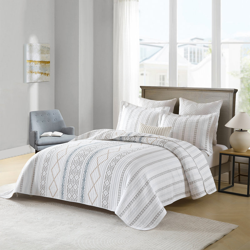 DUOHONG 100% Cotton  Quilted Quilt Set, King Quilt + 2 King Shams, White/Gray/Beige Geometric Shapes