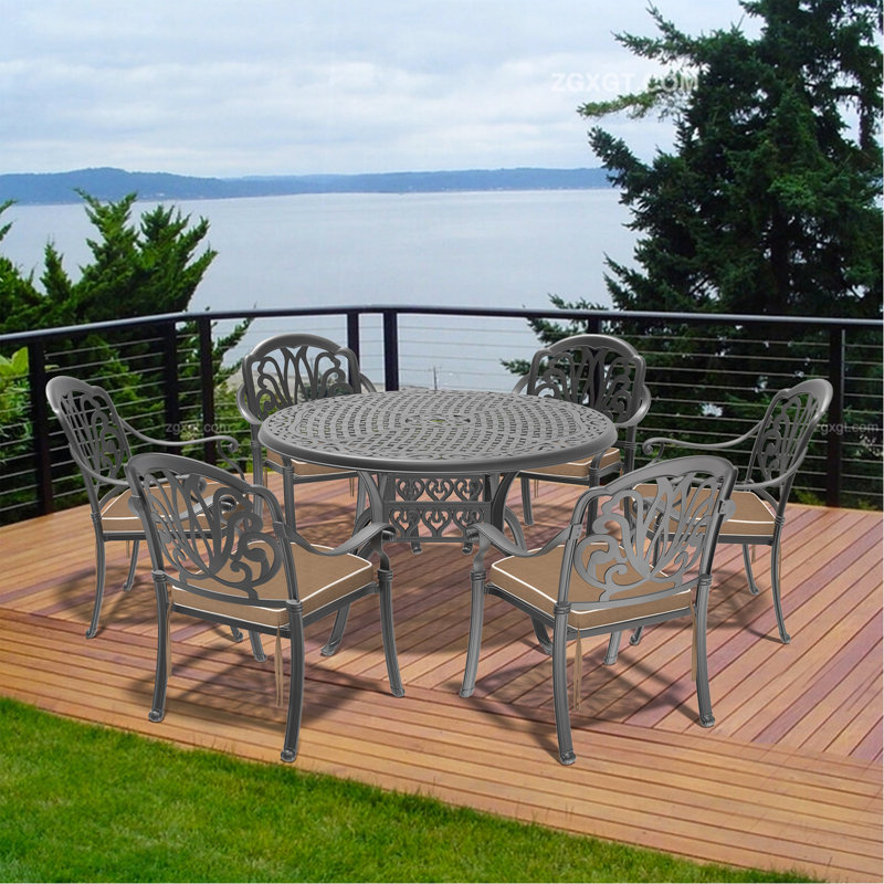 Ensemble de 7 pièces de mobilier de patio en aluminium coulé avec cadre noir et coussins de siège bruns, 6