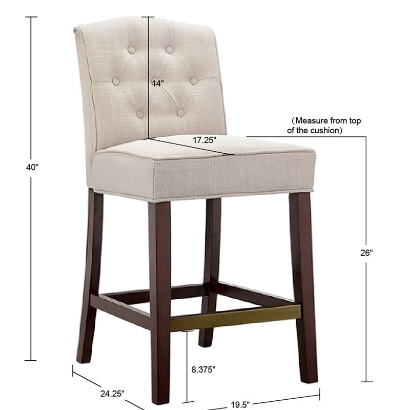 Tabouret 26 po - Tissu brun clair élégant, finition bois, dossier à boutons, plaque de protection en bronze, comptoir pour outils d'assemblage avec revêtement, bois, requis, inclus