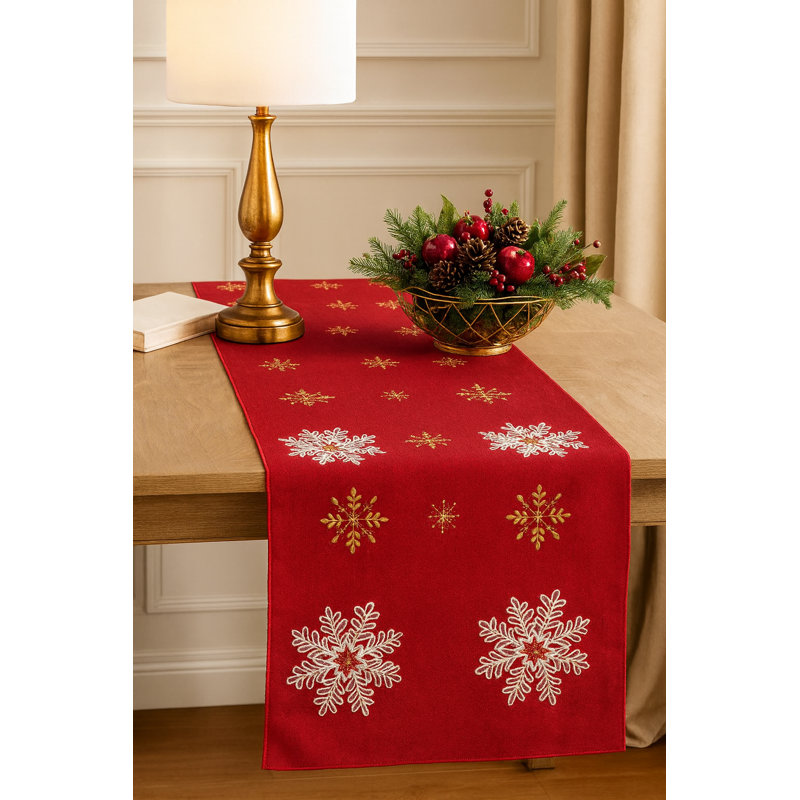 Embroidered Snowflake Holiday Red Table Runner, 16" X 90", Red, 90" L x 16" W
