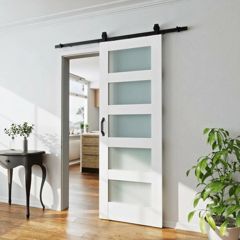 Porte de grange en verre 5 pièces avec quincaillerie coulissante, 36 po x 84 po, Blanc