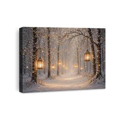 Winter Forest Wall Art Glowing Lanterns Christmas Canvas Print Framed Birch Forest with Hanging Lanterns Snow Christmas Art Warm Seasonal Holiday Decor for Bedroom Living Room Entryway Office
