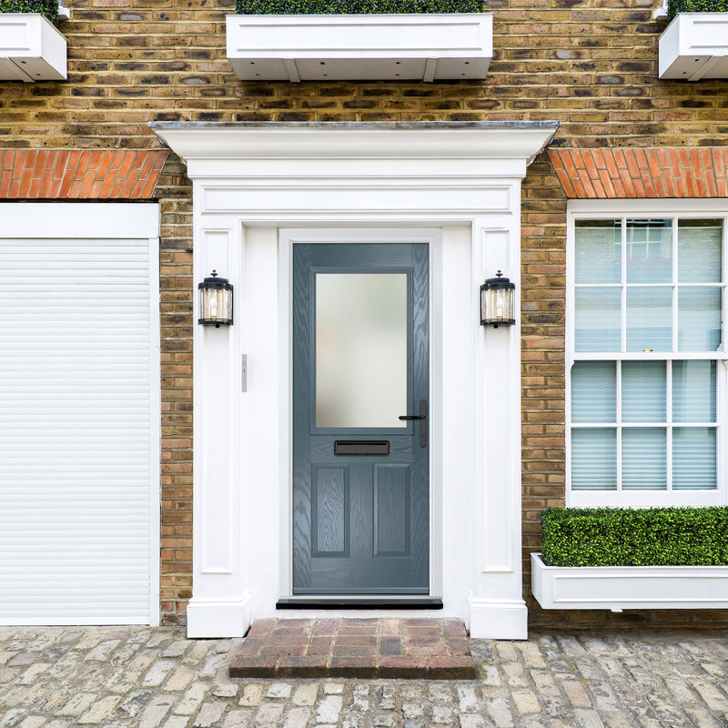 Crystal GRP Front door Lytham Black 920mm x 2090mm Open in Left hand Stipolytte Glass, 92mm x 209mm, Slate Grey, Left
