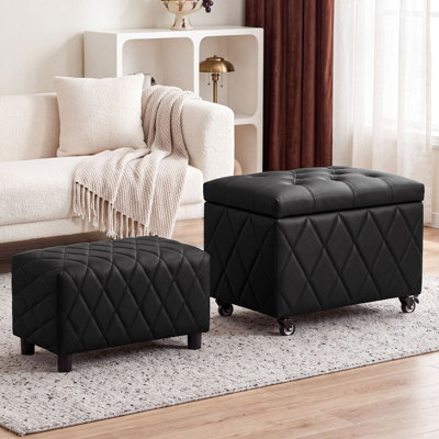Set of 2 Storage Ottoman, 58L Large Leather Ottoman with Wheels