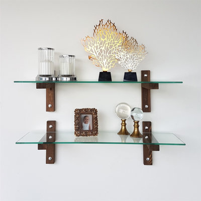 Modern Wall Shelf (2 Pieces), Walnut Color, 33.5 x 9.8 x 9.8 inches | 100% Tempered Glass, 0.3-inch Thickness, 100% Pine Solid Wood Frame | Stylish and Functional Storage Solution for Home Décor