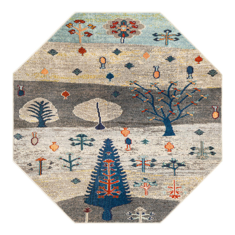 Washable Floral Indoor Rug, Octagon 5'3" x 5'3"