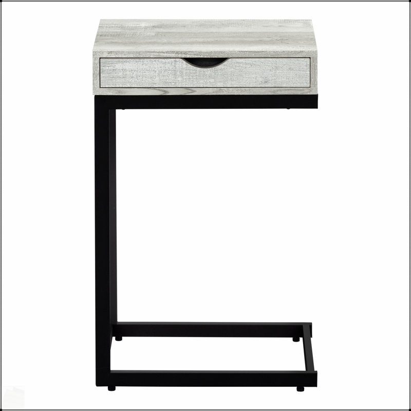 Table d'appoint en forme de C avec tiroir de rangement, plateau en stratifié gris et structure en métal noir pour une vie moderne